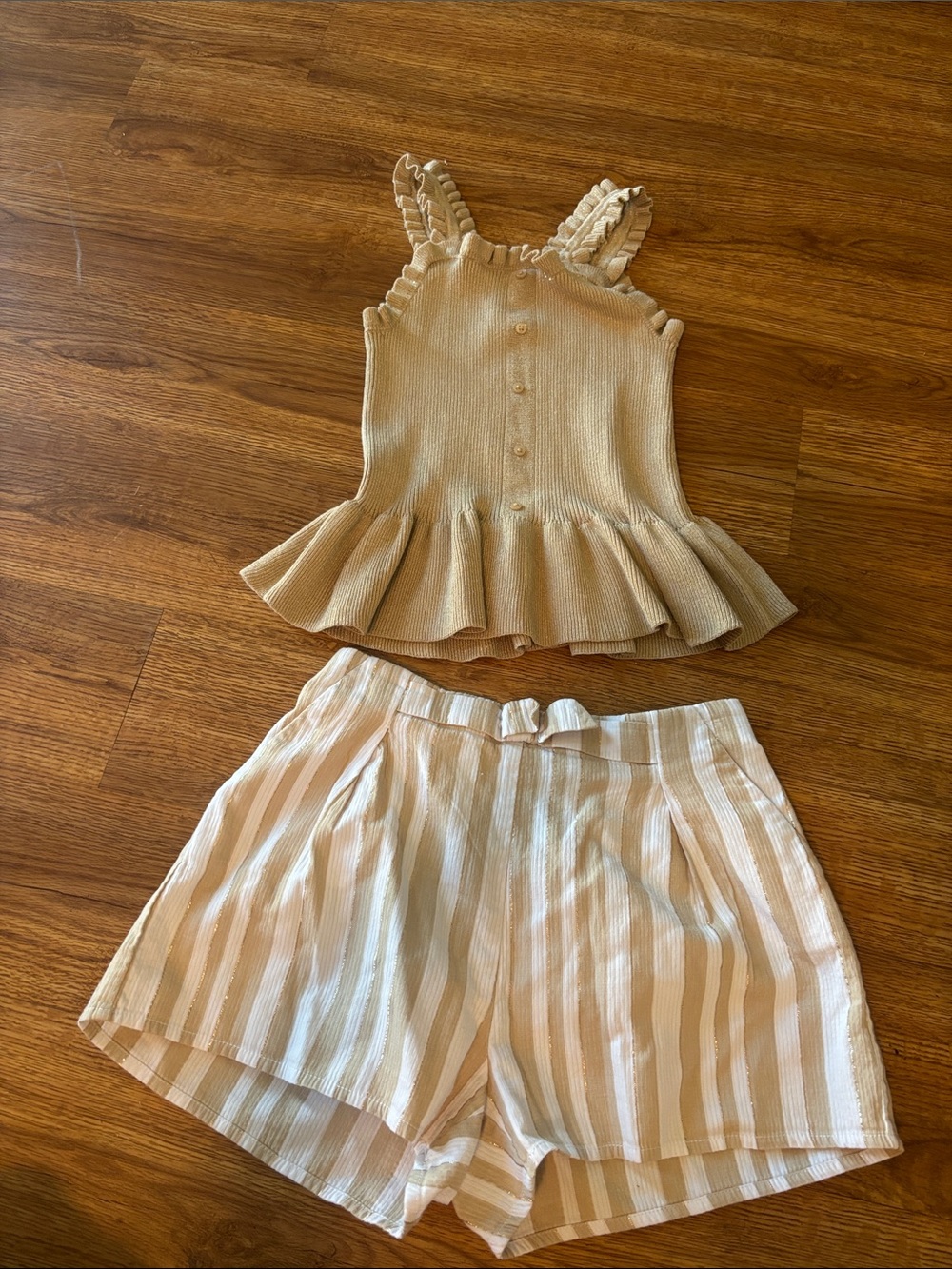 Janie and Jack Beige Ruffled Knit Tank and Striped Shorts Set